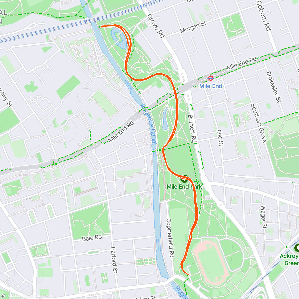 Map of the activity, parkrun #258 Mile End