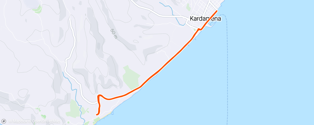 Map of the activity, Afternoon Run to Kardamena and back. Warm one today 🥵🥵