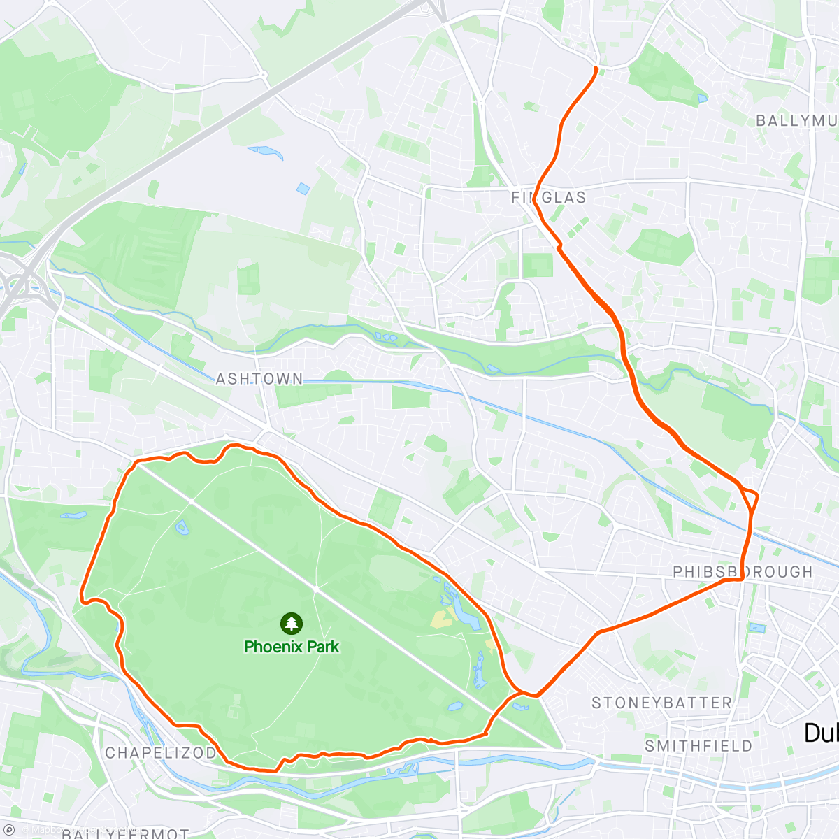 Map of the activity, Sunrise CX on Phoenix park  1 lap ( beautiful morning for easy spin..knee feeling ok..slight vulnerability) carbon seat post snapped just at end..should really use my torch wrench...thats what irs for LOL