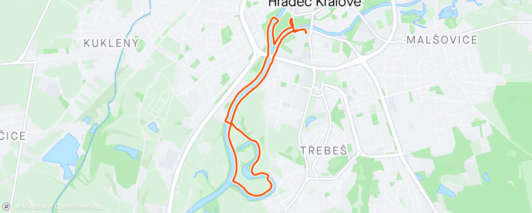 Map of the activity, HK knihovní 7,5km slepá ramena Labe - Afternoon Run