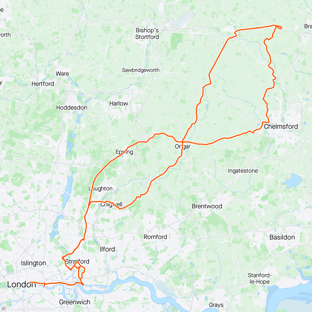 Map of the activity, Ride London - Essex