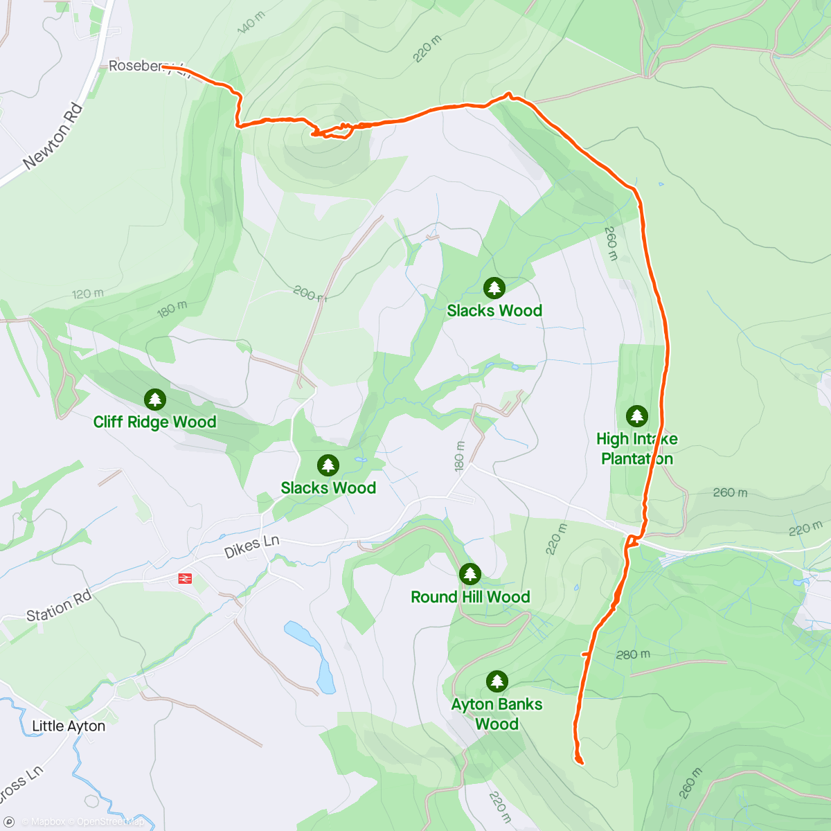 Map of the activity, Family walk over Roseberry Topping and up to Capt Cook's monument, then solo run back to get the car