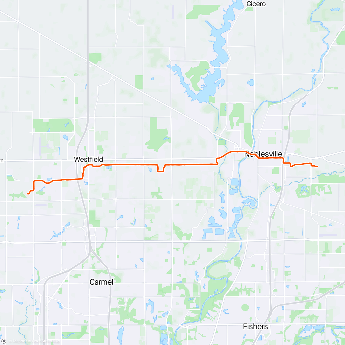 Map of the activity, Solo half marathon from Westfield to Noblesville. Comfortable pace. Best run I've had in long time.