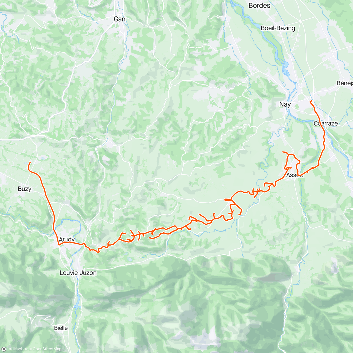 Map of the activity, Coarraze-Nay -> Igon -> Asson -> Bruges -> Mifaget -> Ste-Colome -> Arudy -> Buzy-en-Béarn