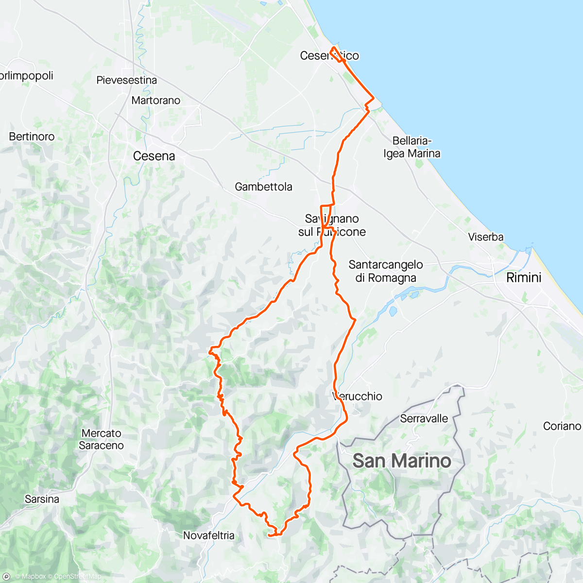 Map of the activity, Sunday 60 with a large group split into 2. Weather, company and ride was tremendous. Definitely 1 of the best days I’ve had on a bike with these fun characters. Lunch in the hilltop village of San Leo was a triumph