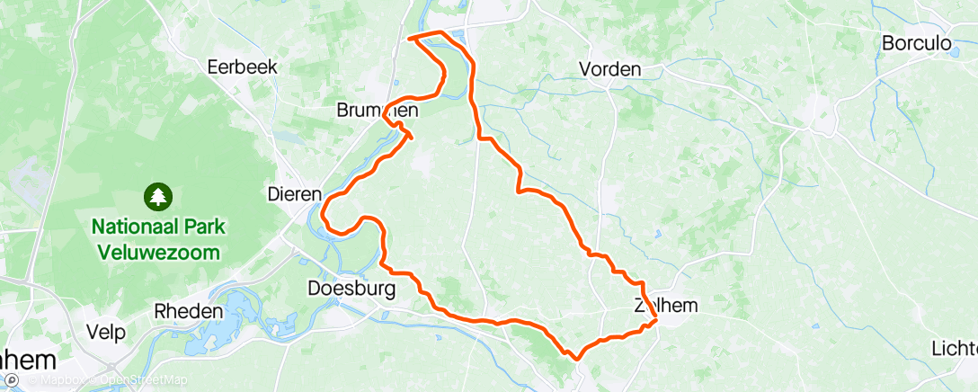 活动地图，Zutphen, de brug over. Brummen, Bronkhorst, Doesburg en over de Hessenweg naar huis.