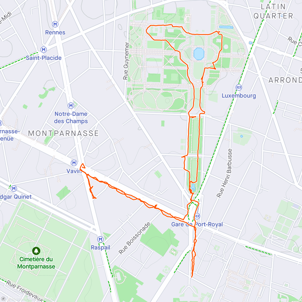 Map of the activity, Morning Walk: Montparnasse, Paris. Get a little morning air (35 degrees f), before heading to Meaux to see relatives.