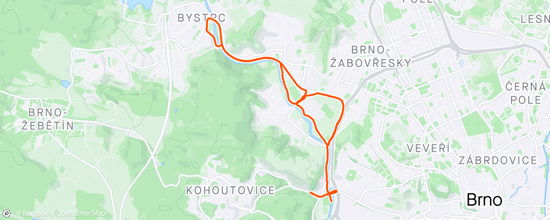 Map of the activity, 12km tempáč (avg. 3:24, posledné 4km: 3:20,20,11,02)
