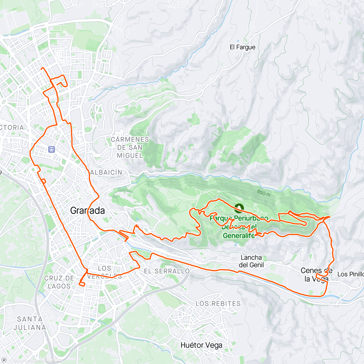 Map of the activity, (Llano de la perdiz) Dehesa del Sol, Barranco Bermejo, Acequia Real.