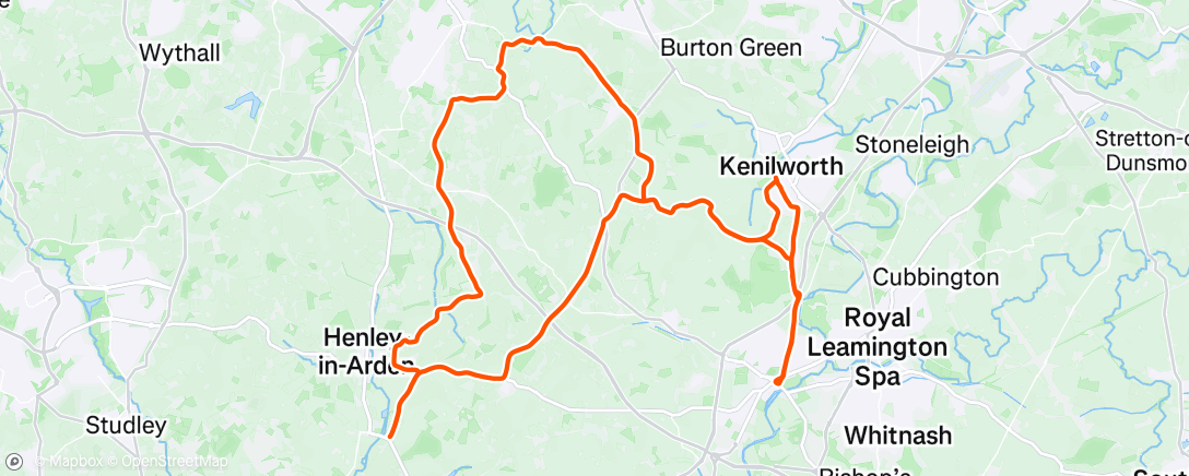 Map of the activity, KW ride to cow shed cafe Wootton Wawen