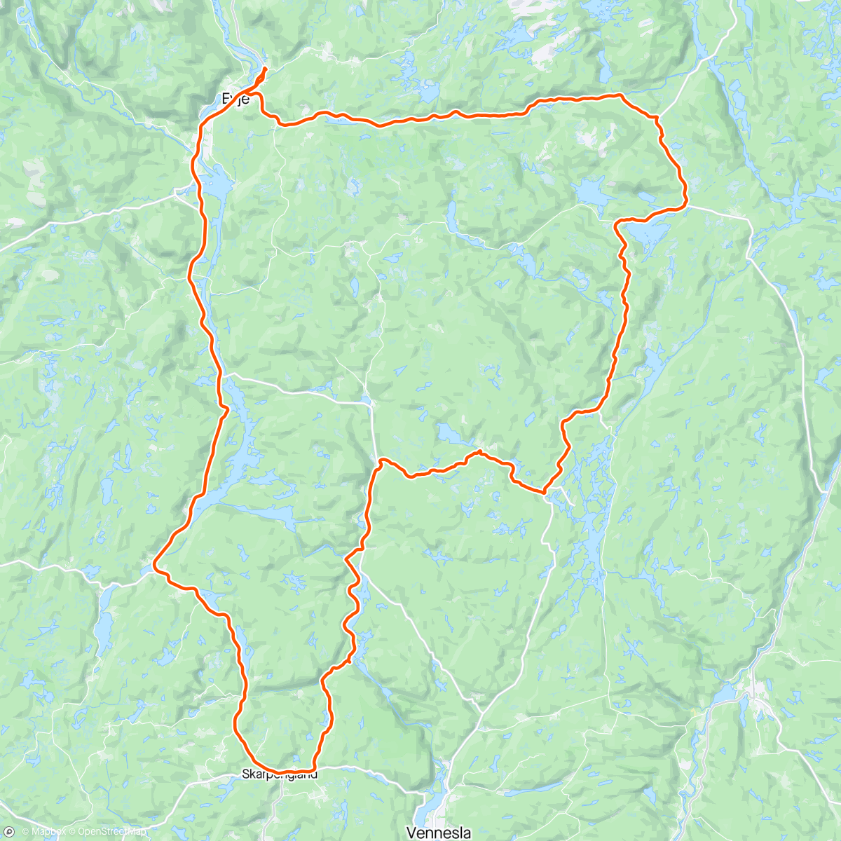 Mapa da atividade, Evje til Vegusdal-Vatnestrøm-Ivedal-Skarpengland-Evje på en mandag🚴🏾‍♂️🚴‍♀️🤩