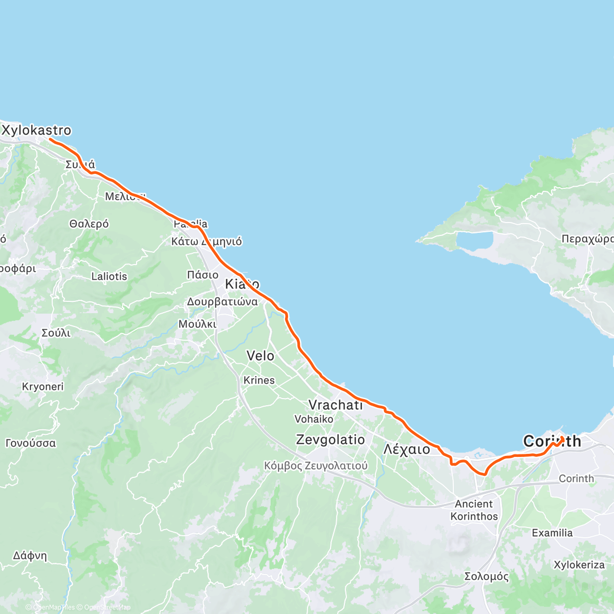 Map of the activity, Day 100 - Xylokastro to Corinth
