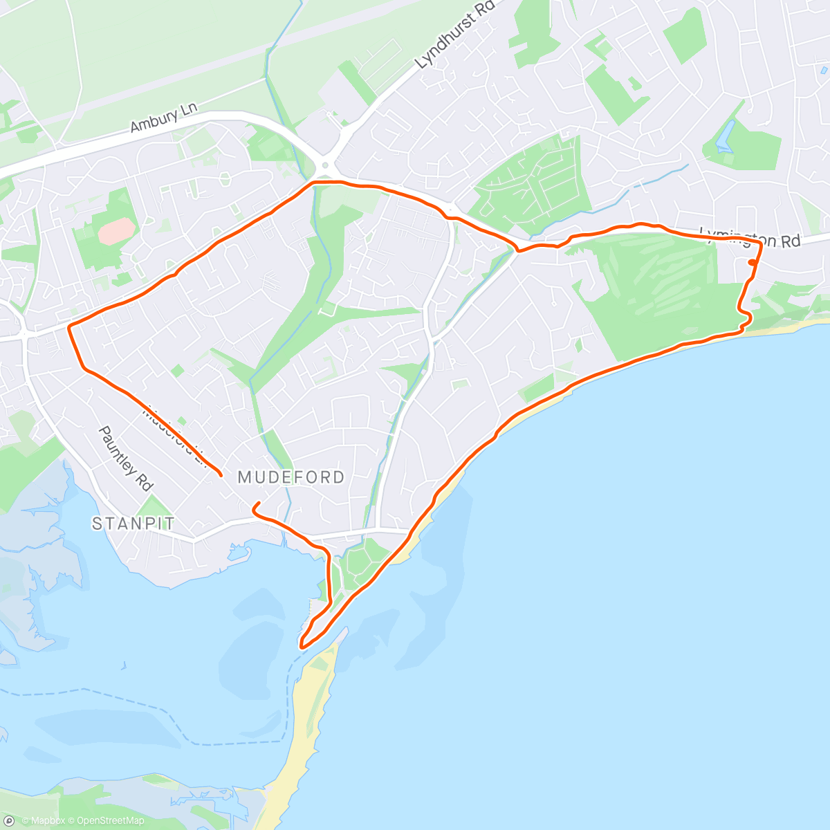 Map of the activity, Mudeford holiday run - followed route Paul found on Strava. He herded me along like a sheep dog 🐶 surprise sand section!🏖️ 🌞 🏃🏻 🏃🏼‍♀️