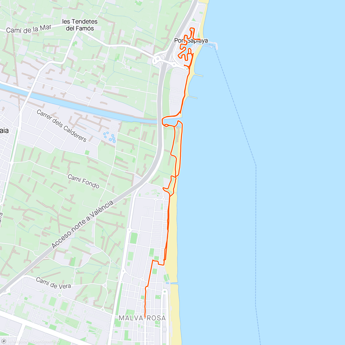 Map of the activity, Valencia run along beach and to their Venice