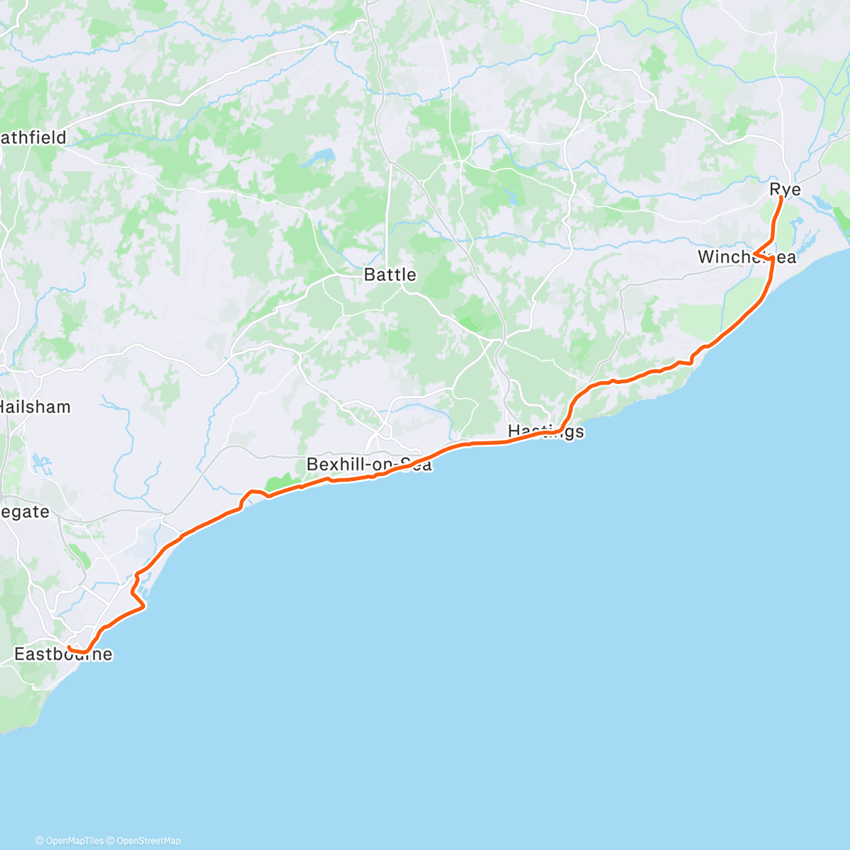 Map of the activity, Rye -> Eastbourne via the coast