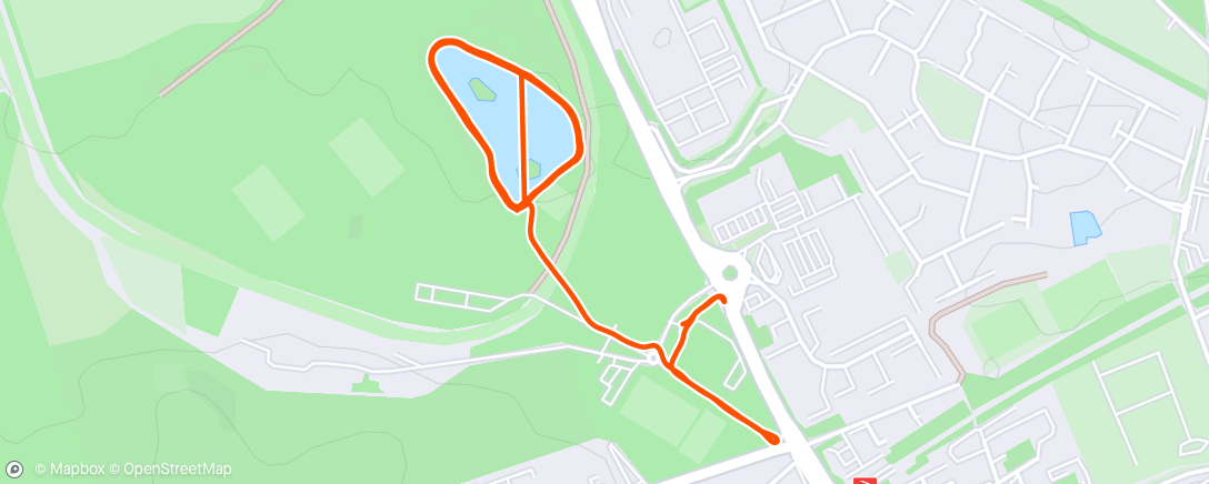Map of the activity, Warm up, 5 x 1k @ sub 20 min 5k pace off 90 secs jog recovery