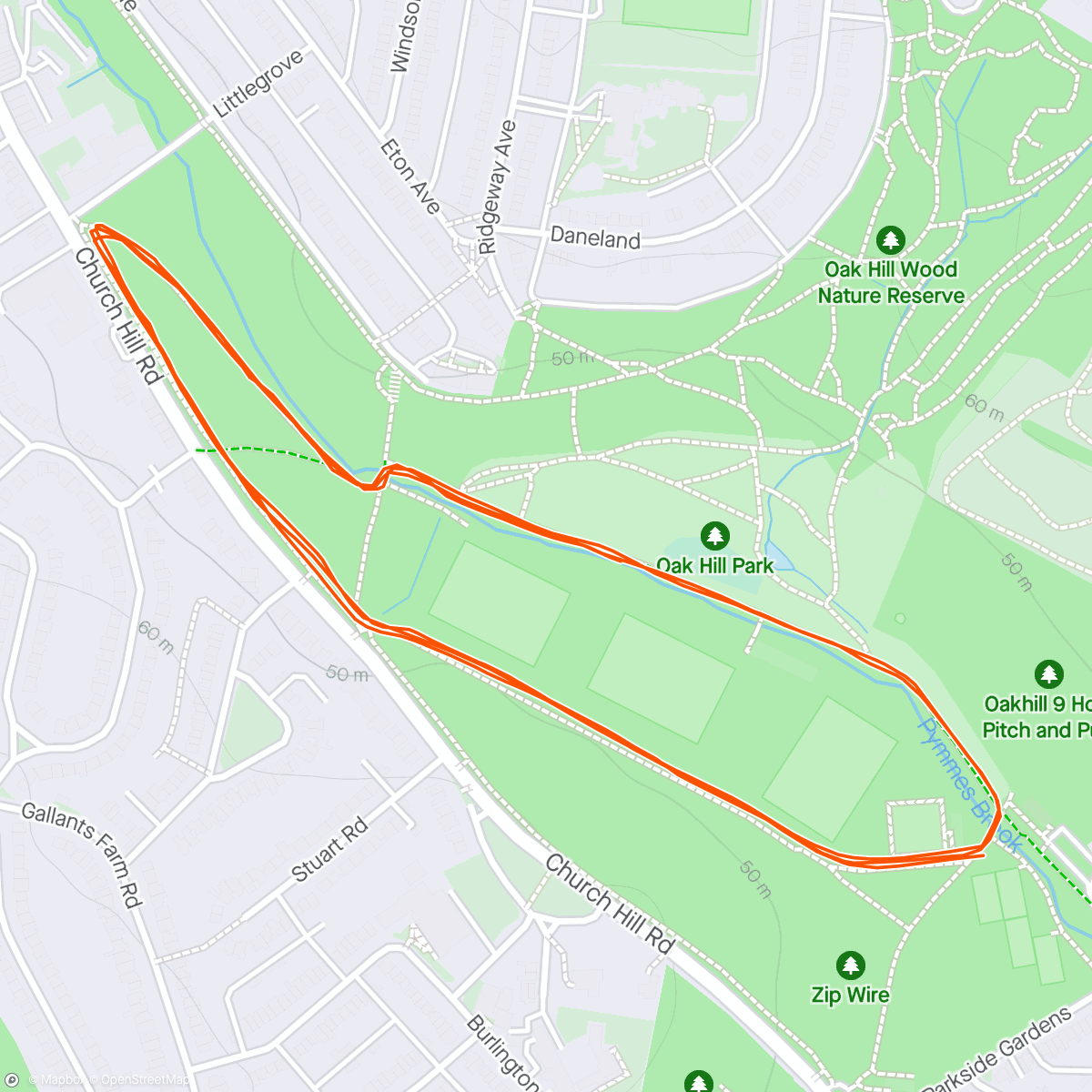 Map of the activity, Oak hill Parkrun - think I set off way too quickly.