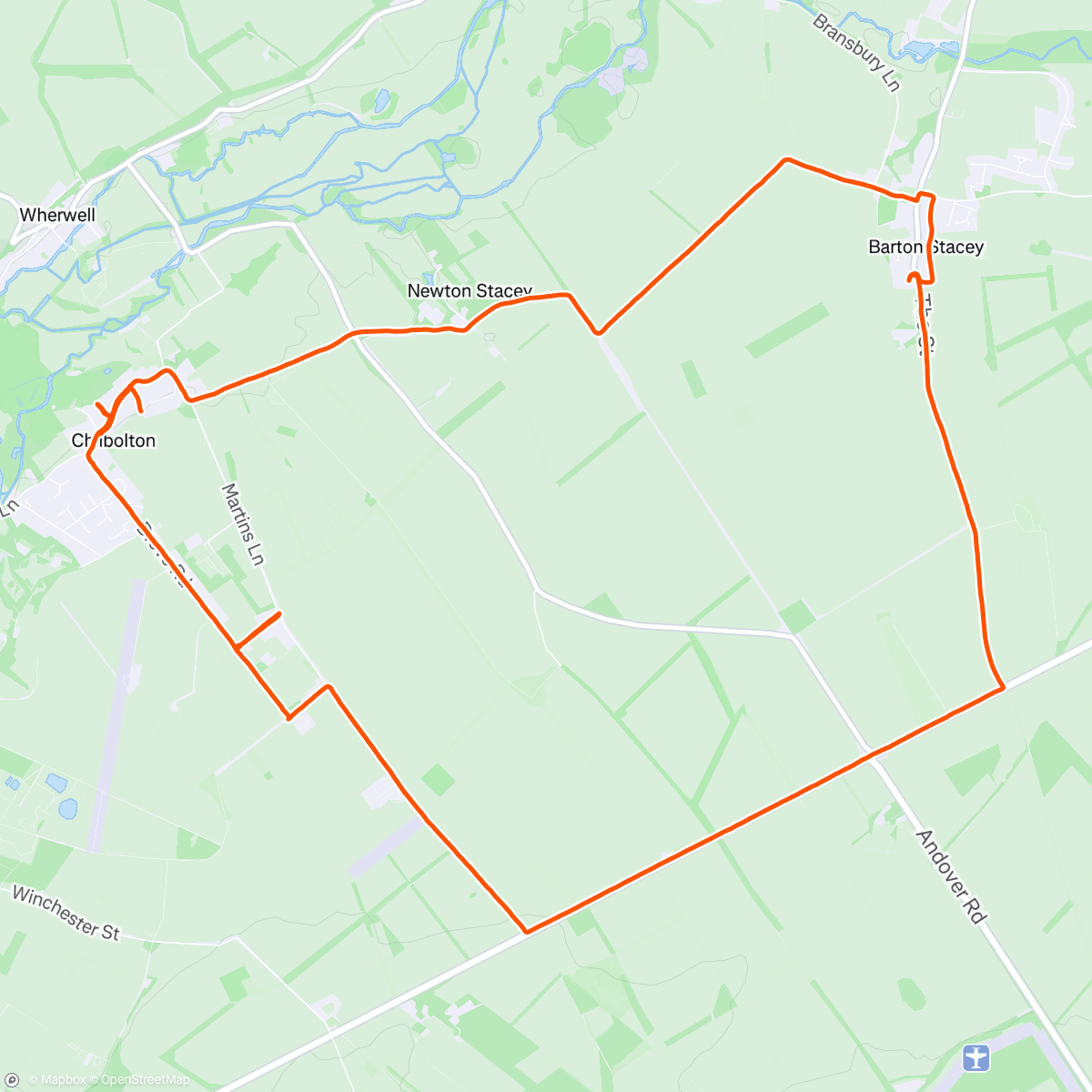 Map of the activity, 18/05/2025 Chilbolton Cruise - quite faint early on with low blood sugar from yesterday but perked up later. Vaporfly 4 new ideal long run shoe - nice to have so little shoe on and work well at this effort