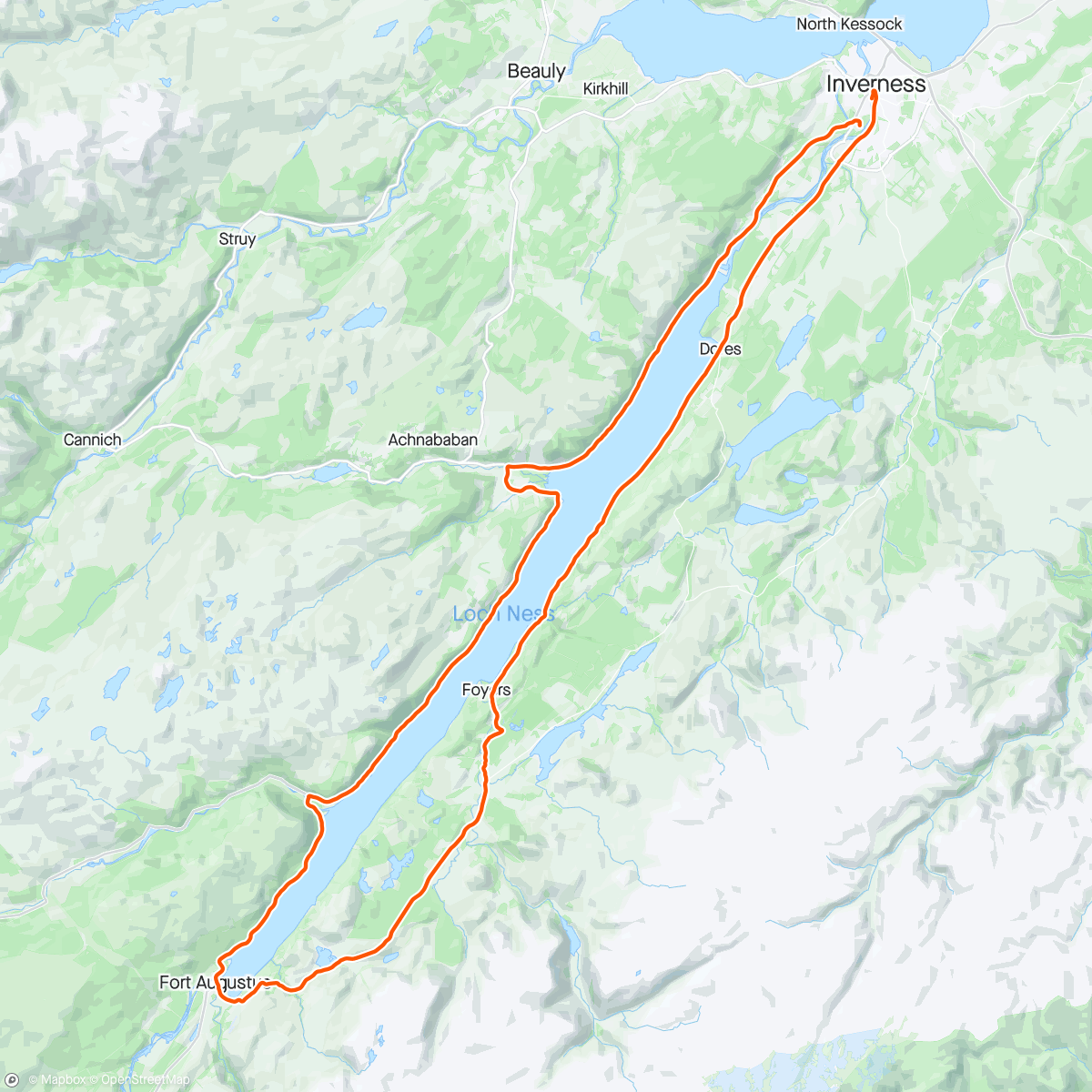 Map of the activity, Etape Loch Ness 2024, photos start, KOM finish and The Finish- Cheers Keith