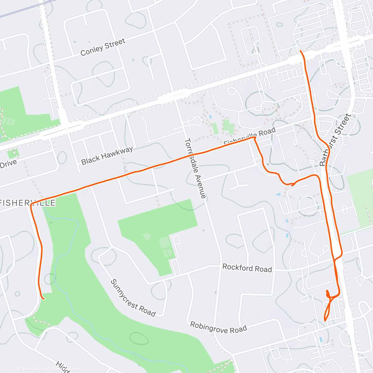 Map of the activity, Evening Trek - Yonge via Bathurst + Finch and back