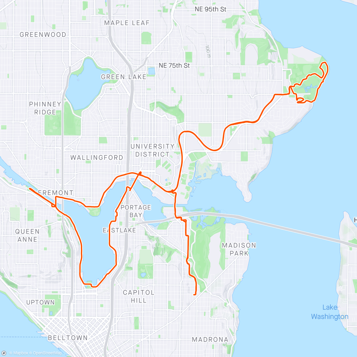 Map of the activity, Magnuson Park dirt action and a Lake Union sunset.