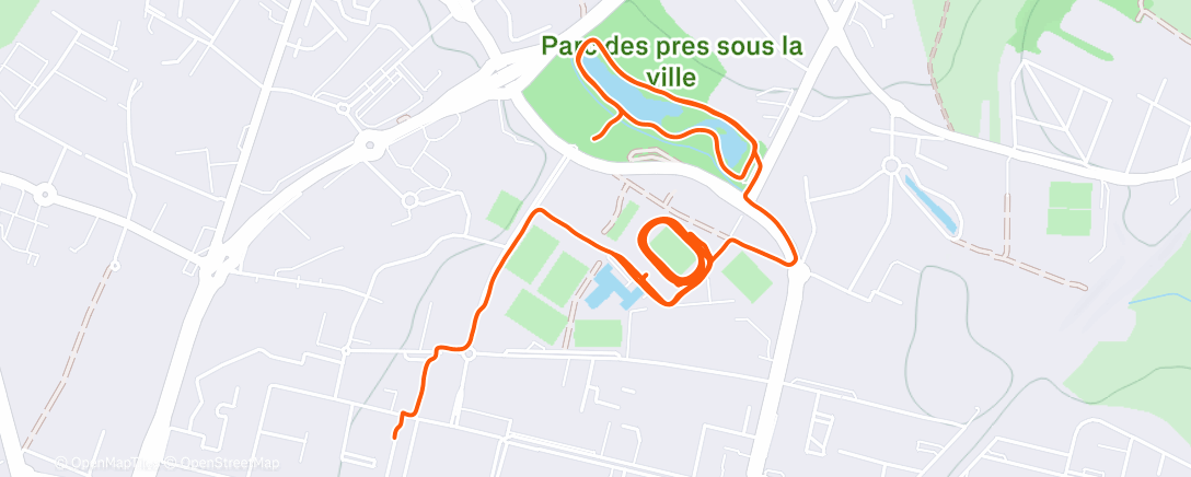 Map of the activity, 12k w/5x1000m r=200m trottée