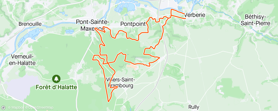 Map of the activity, Reprise vtt sortie organisée par le club de Verberie avec la team Apremont. 
Dur dur 🥵🥵🥵