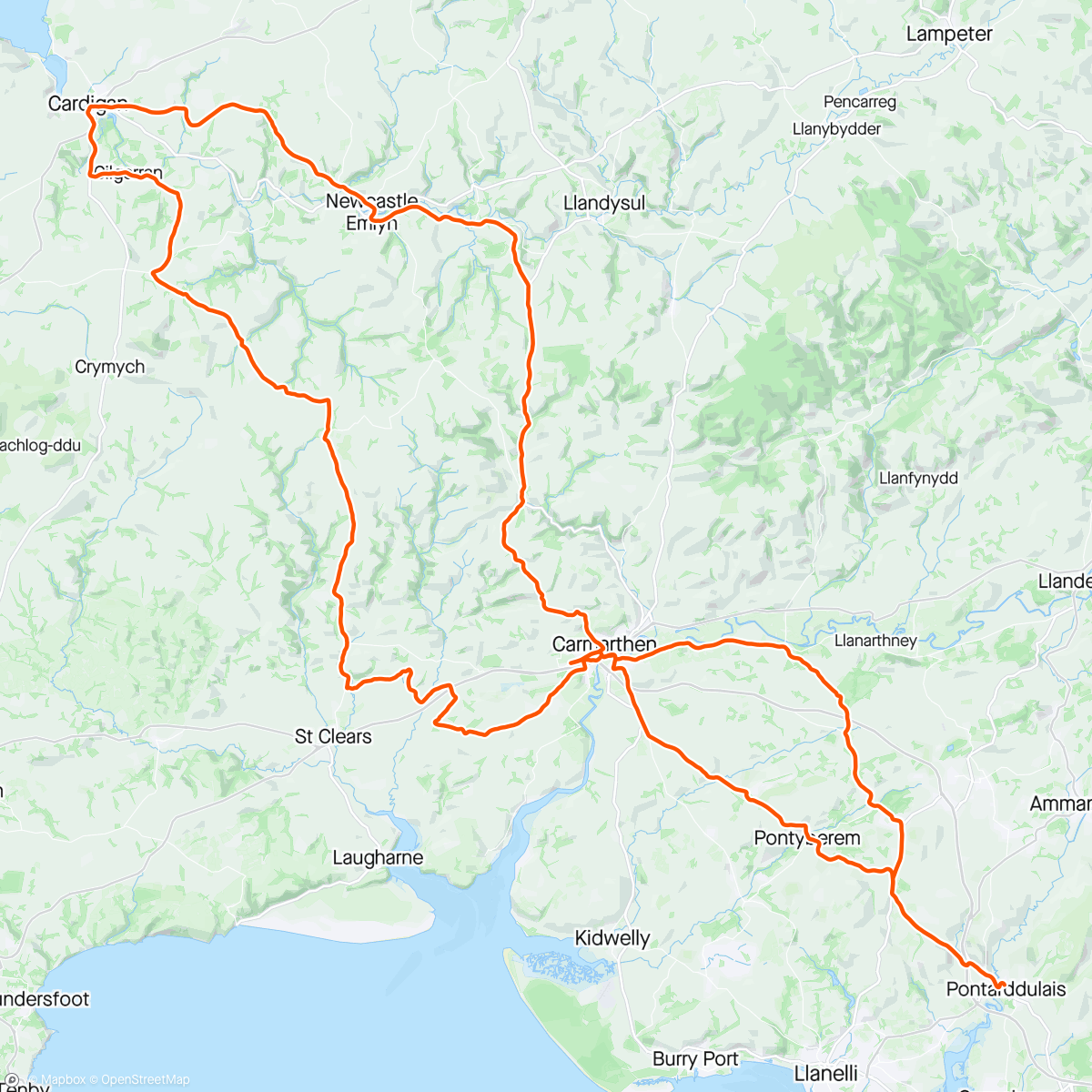 Map of the activity, Carmarthenshire, Ceredigion, Pembrokeshire and back to Carmarthenshire. 3 counties ride🌍