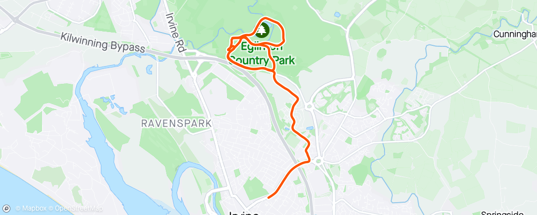 Map of the activity, Solo run to Eglinton parrkrun, run parkrun with J 💪🏃‍♂️🏃‍♀️ very warm 🌞🔥
