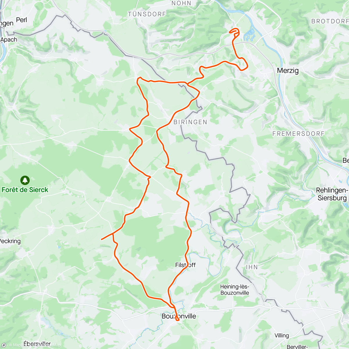 Map of the activity, Die 1000hm mal geknackt,tour bis Bouzonville, auf dem letzten Kilometer von Auto gestriffen worden zum Glück nix passiert🍀🍀🍀🍀