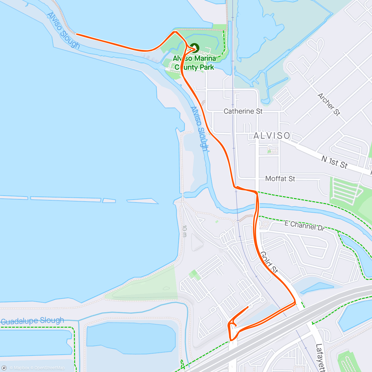 Map of the activity, South bay run to Alviso wetlands, crossing the Amtrak