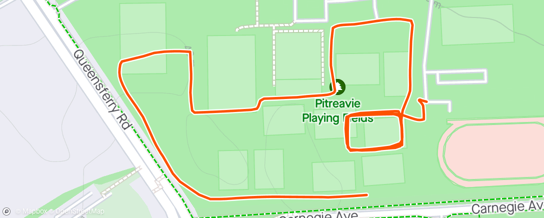 Map of the activity, Nice session Pitreavie 220m 10m rec 180m 8m rec 160m 6m recovery 140m 4m recovery at 90% got Pitreavies speed meet a week on friday better up my game