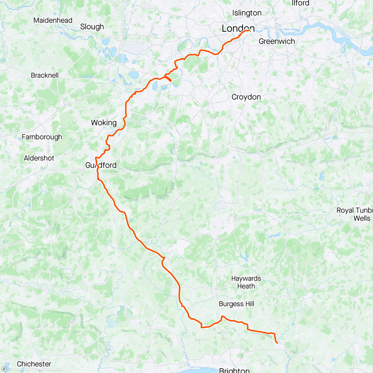 Map of the activity, London to Lewes mostly off road