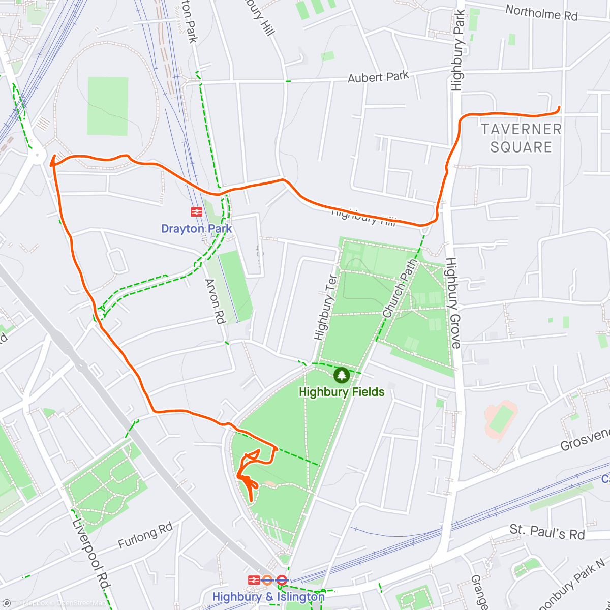 Map of the activity, Car - Emirates Stadium - Highbury Fields