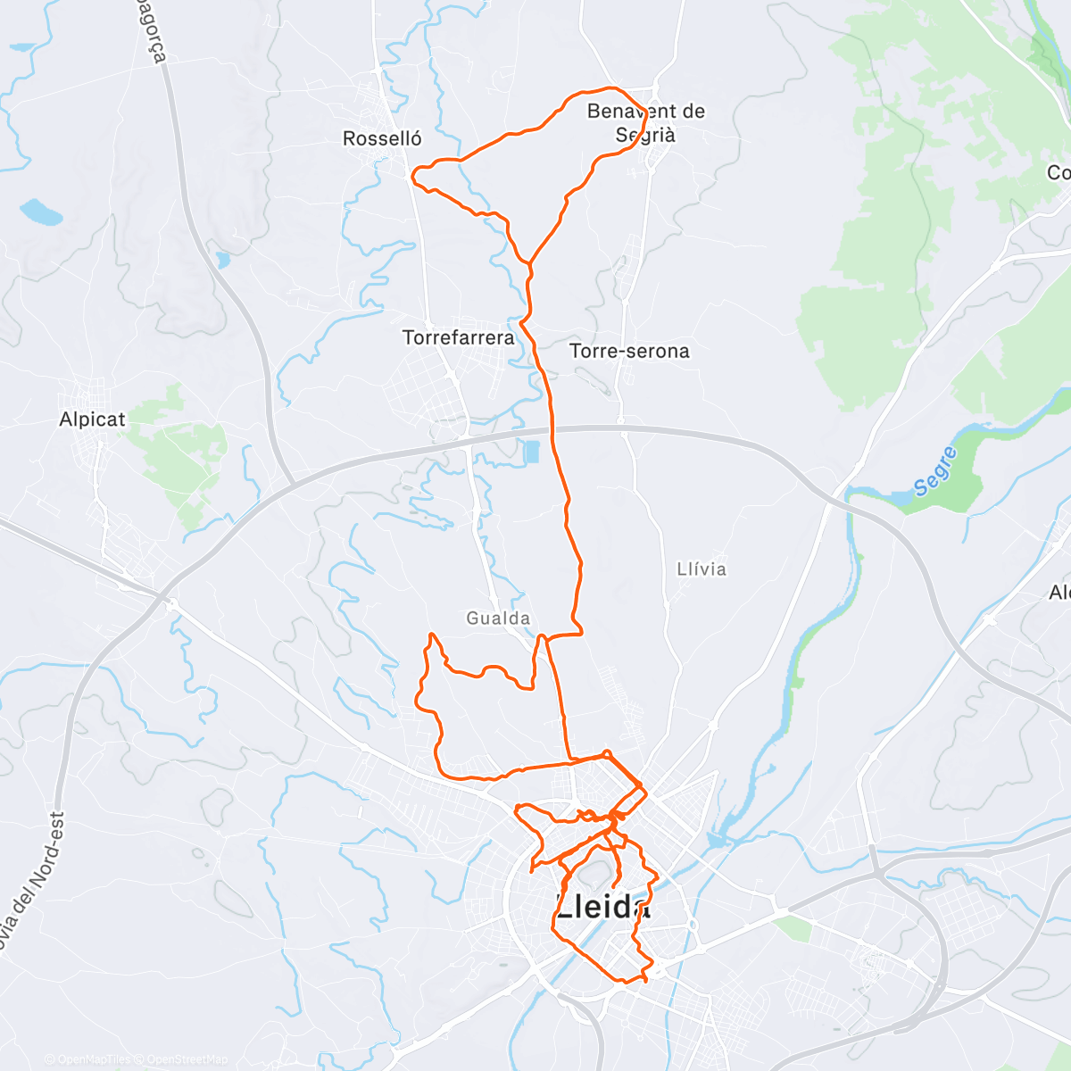 Map of the activity, L-Gualda-Torrefarrera-Benavent-Rosselló-Torrefarrera-Secà-Gualda-Dolceta-L