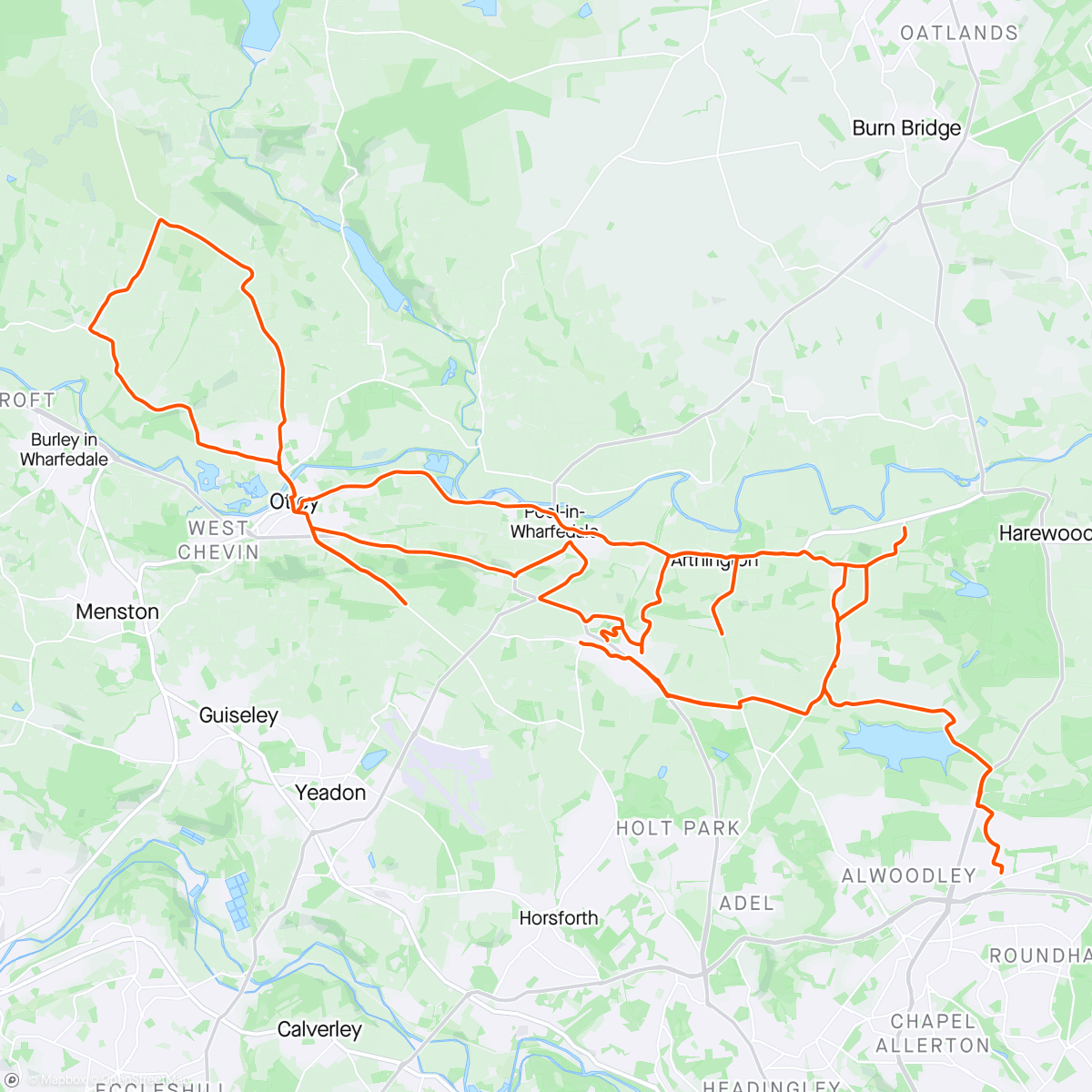 Map of the activity, Brutal hill repeats - 2x weardley, 2x black hill, 2x Crekseld, 2x hall rise, 1x hall drive, 2x old pool bank, 1x east chevin, 1x newall carr lane. I think that’s the lot - knackered 🥵