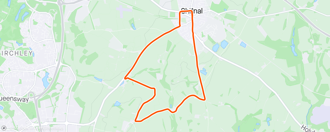 Mapa de la actividad (Shifnal 10k - 4th - Struggled on k8 and lost touch with 3rd but recovered well for decent finish)