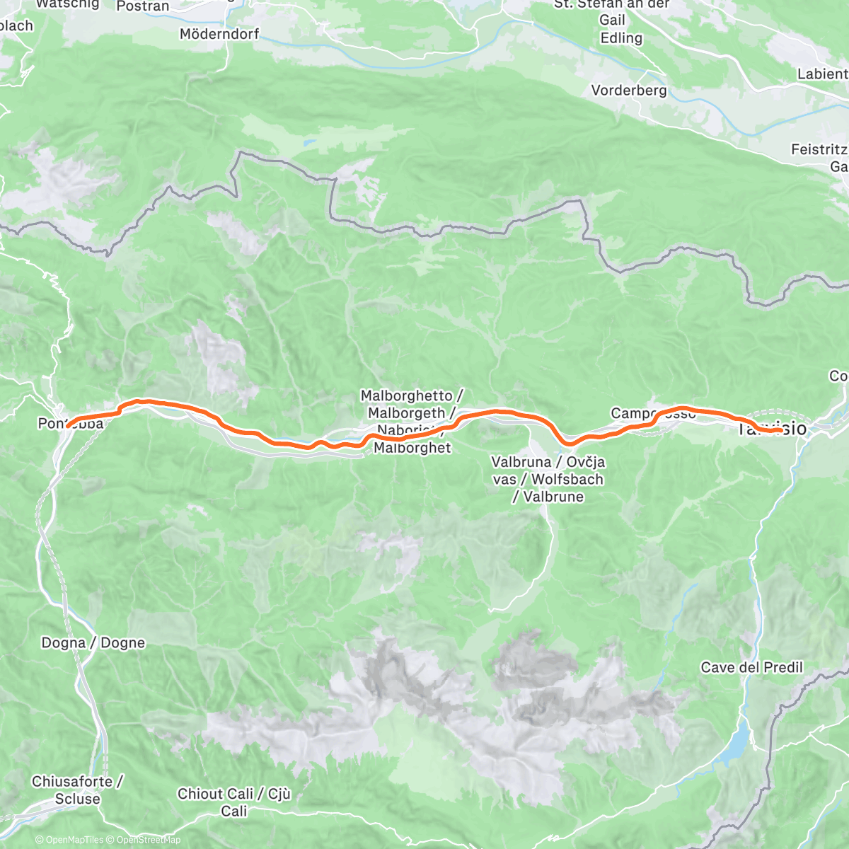 Карта физической активности (Kinomap - Alpe Adria Cycle Path - Tarvisio to Pontebba)