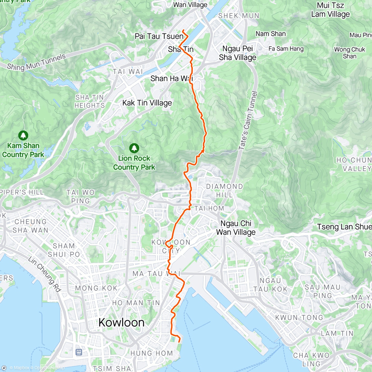 Mapa da atividade, Afternoon Trail Run - Whampoa haircut > Kowloon City > Wong Tai Sin > Shatin Pass > Home