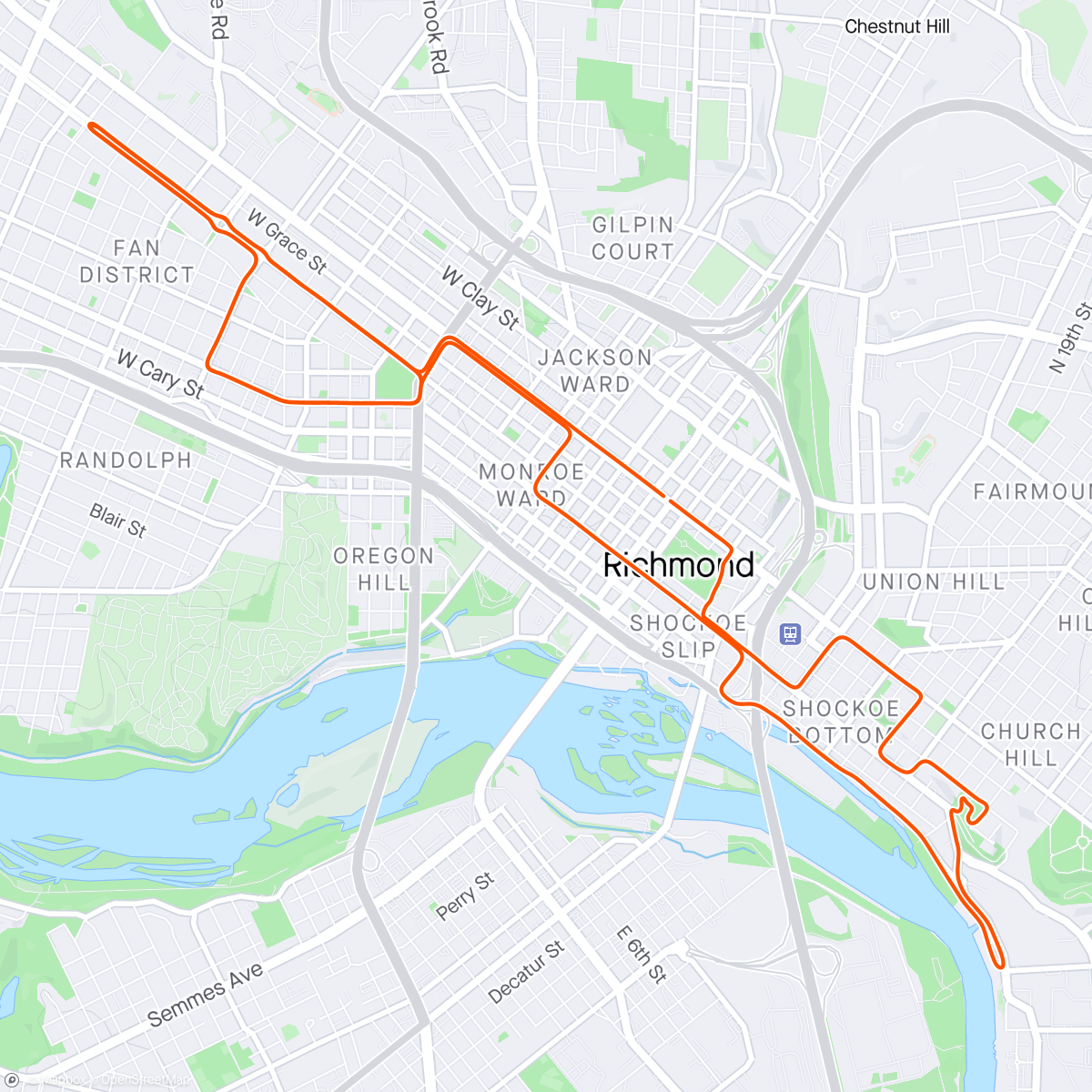 Map of the activity, Zwift - Race: 3R Racing (A) on Libby Hill After Party in Richmond