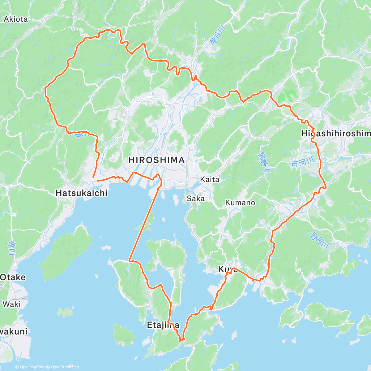 Map of the activity, 月に一度のロングライド #01 【広島の湯来、西条、江田島へ】