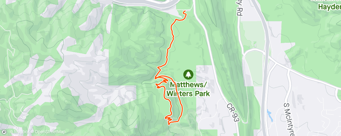 Map of the activity, Afternoon Trail Run- paused my watch 😥
Actually 5 miles and some more climbing