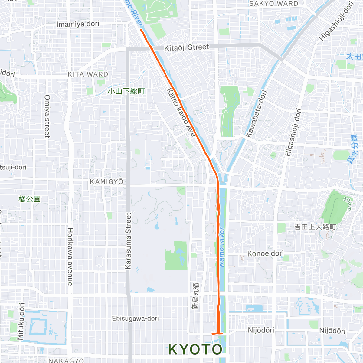 Map of the activity, Kamogawa 5 x 400m Intervals