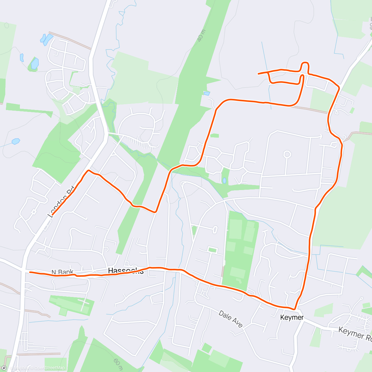 Map of the activity, First outdoor run in 9 weeks - with added housing estate