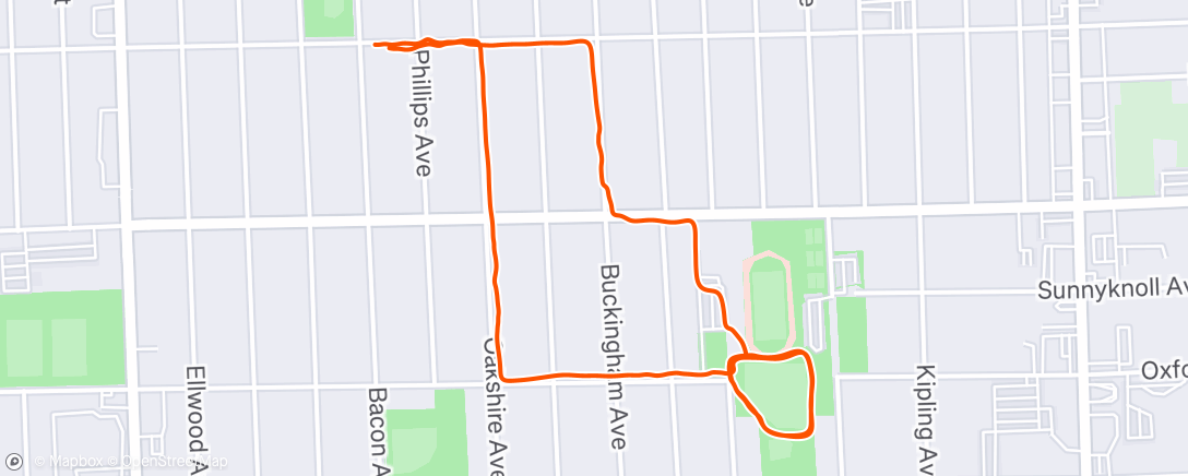 Map of the activity, 6 x 1:30 jog, 2:00 walk