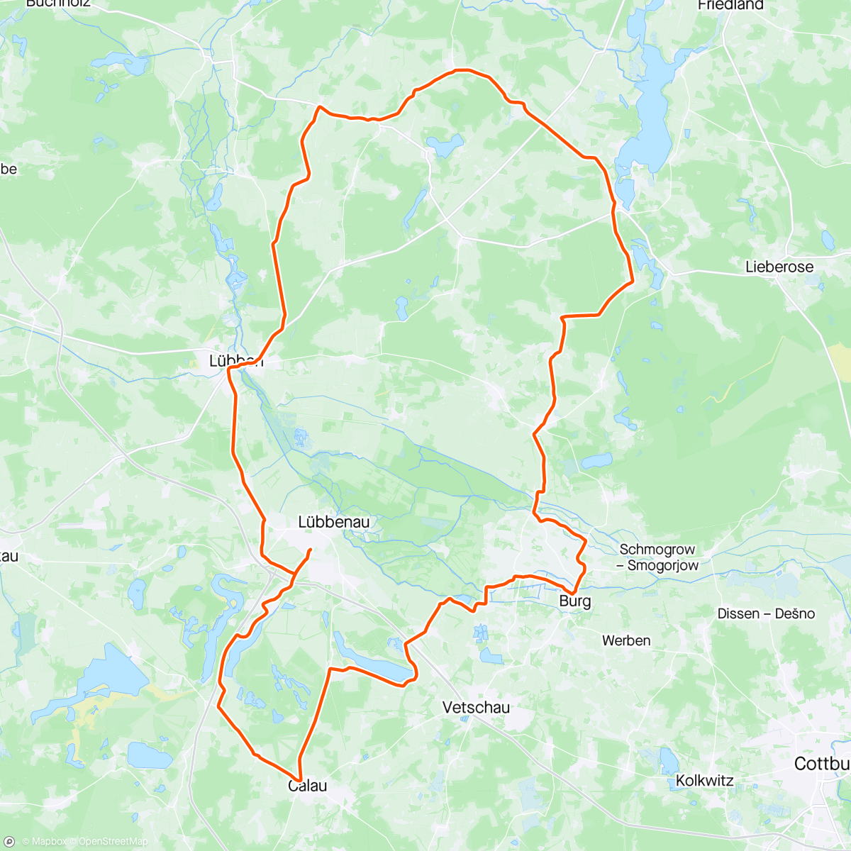 Map of the activity, Spreewaldmarathon 2024 mi geilem Wind, schönen Regen, 3-4°C - fehlte nur noch der Schnee - Spaß hat es trotzdem gemacht