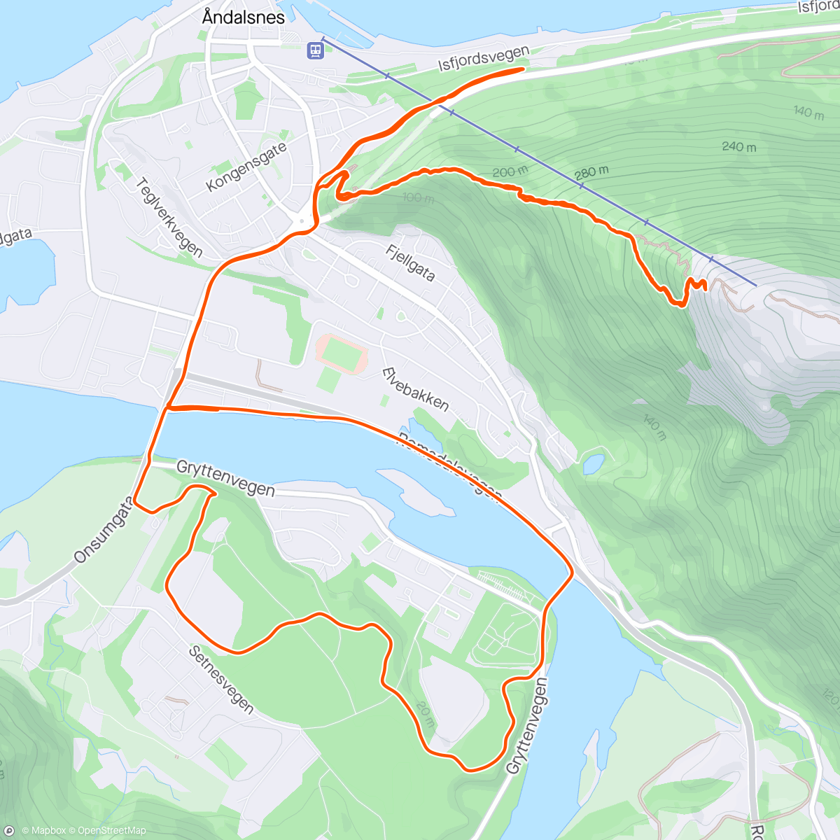 Map of the activity, 5*1K flat + 4*7min uphill + 15(
*(45/15)
