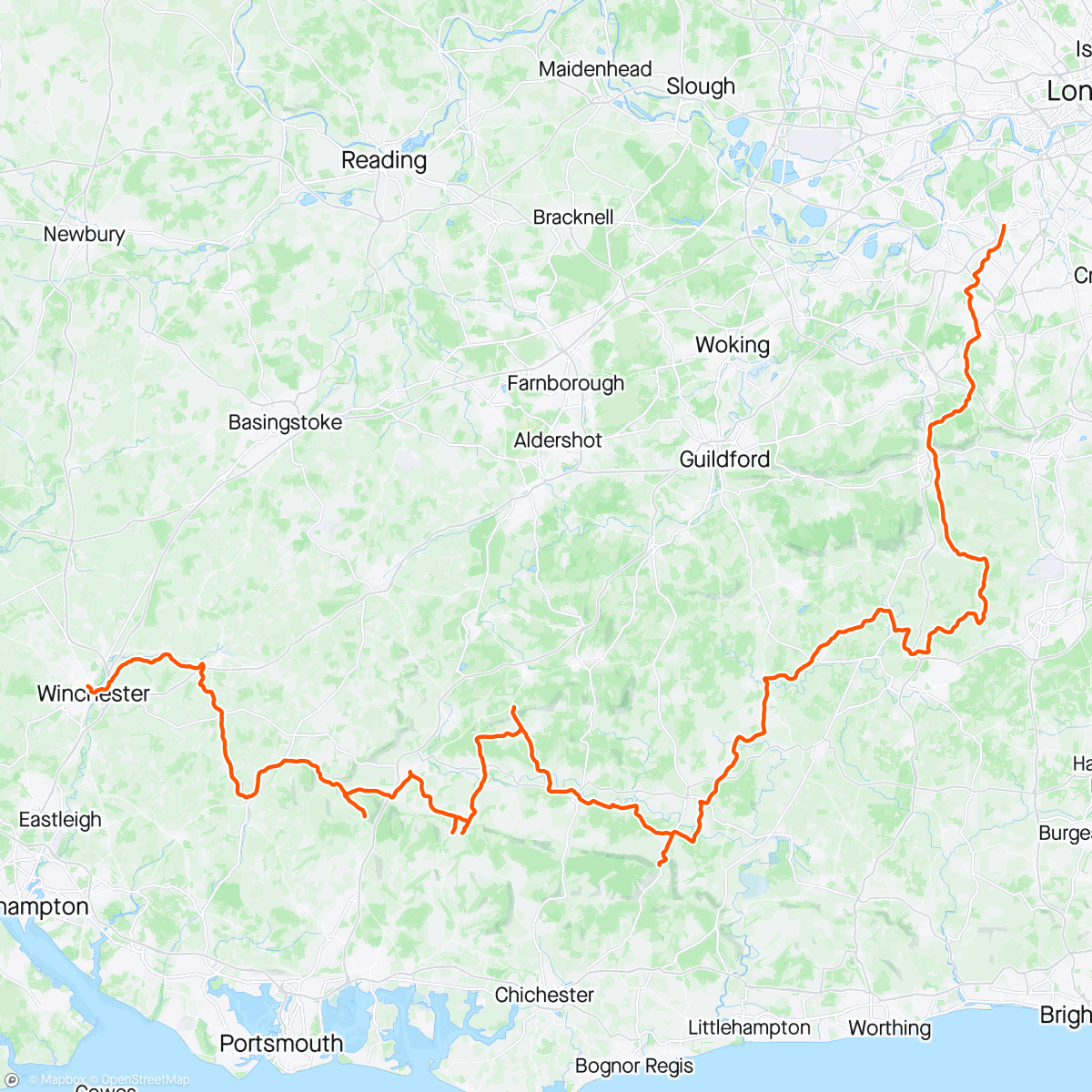 Map of the activity, Cheese on toast fuelled lumpy ride to Winchester