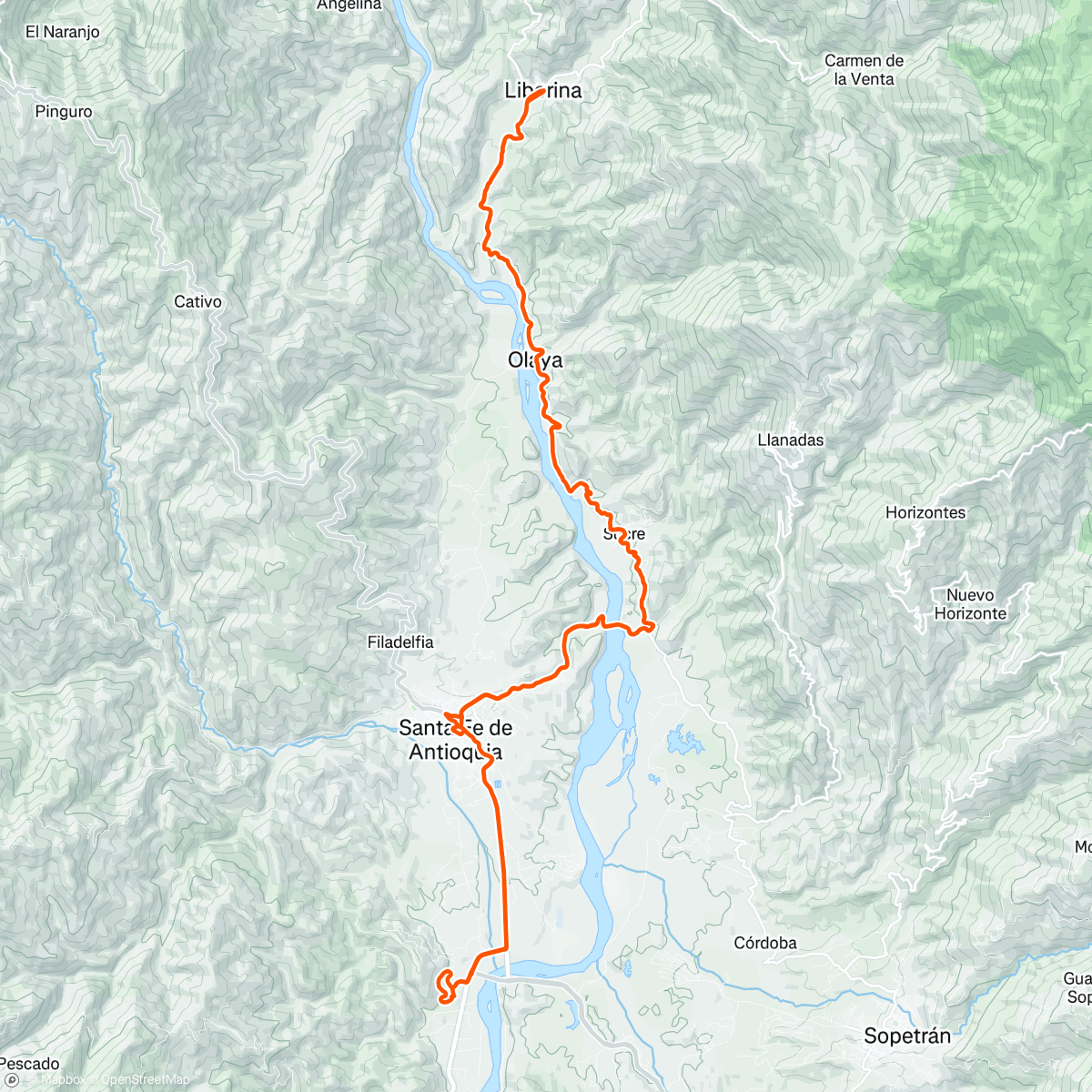 Mapa da atividade, MTB Pura vida-Antioquia-Sucre-Olaya-Liborina