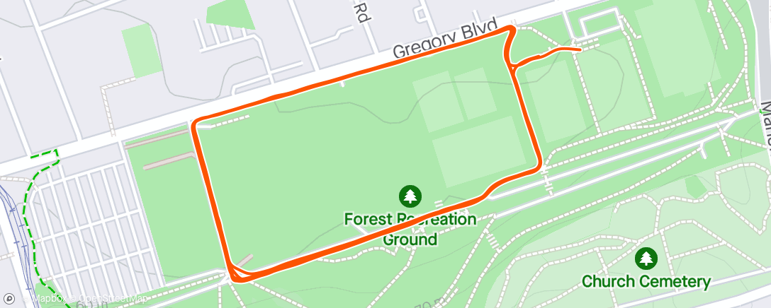 Map of the activity, Morning Run, 1k+ warmup 14c(250m sprint. 250m jog)